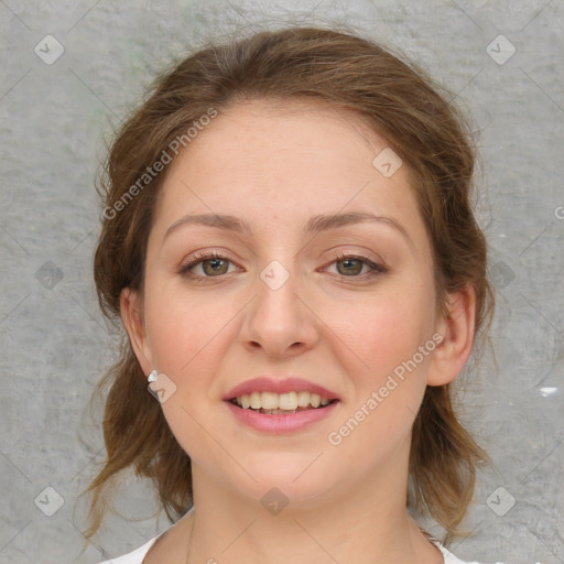 Joyful white young-adult female with medium  brown hair and blue eyes