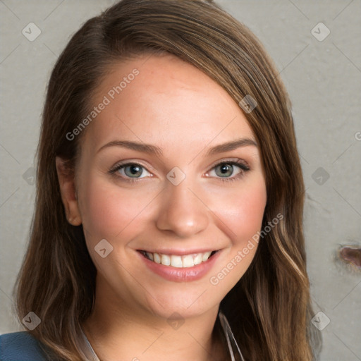 Joyful white young-adult female with long  brown hair and blue eyes