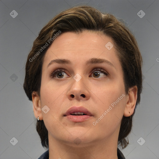 Neutral white young-adult female with medium  brown hair and brown eyes