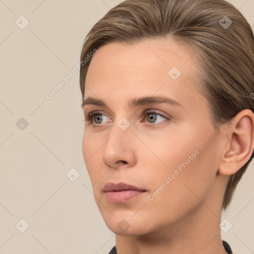 Neutral white young-adult female with short  brown hair and brown eyes