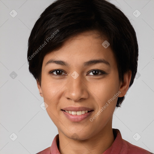 Joyful white young-adult female with short  black hair and brown eyes