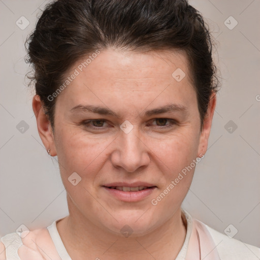 Joyful white adult female with short  brown hair and brown eyes