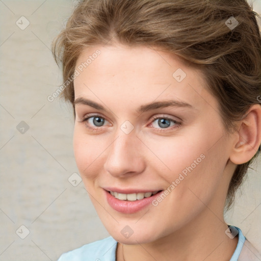 Joyful white young-adult female with medium  brown hair and green eyes