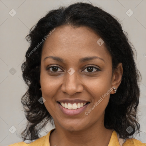 Joyful black young-adult female with medium  brown hair and brown eyes