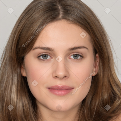 Neutral white young-adult female with long  brown hair and brown eyes