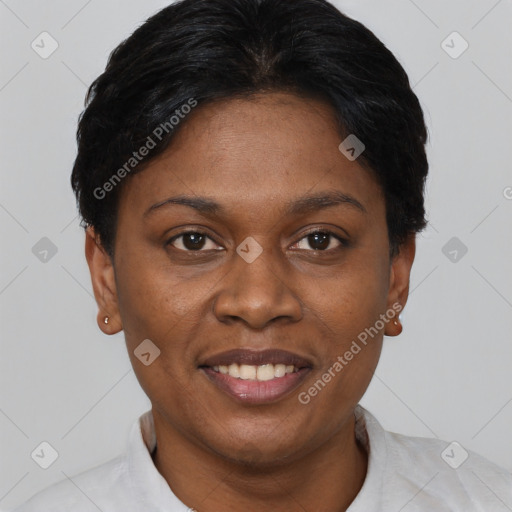 Joyful black adult female with short  black hair and brown eyes