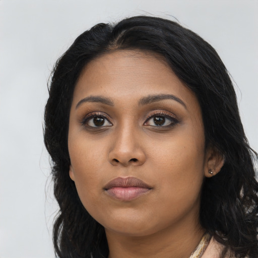 Neutral asian young-adult female with long  black hair and brown eyes