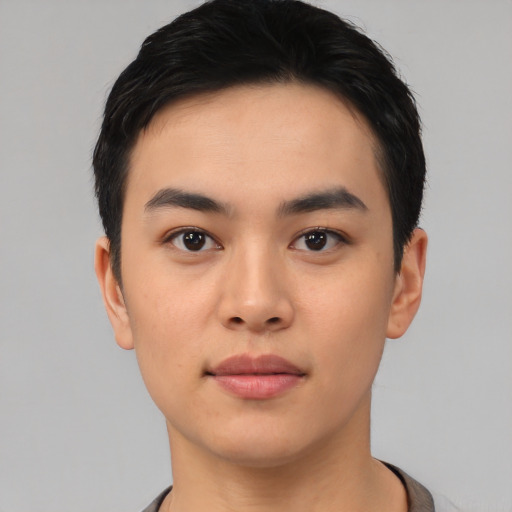 Neutral asian young-adult male with short  black hair and brown eyes