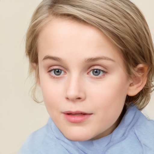 Neutral white child female with medium  brown hair and blue eyes