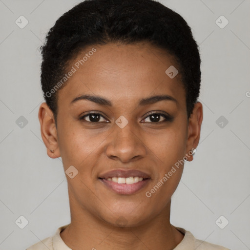 Joyful latino young-adult female with short  brown hair and brown eyes