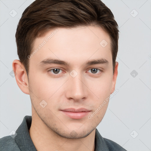 Neutral white young-adult male with short  brown hair and grey eyes