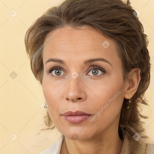 Neutral white young-adult female with medium  brown hair and brown eyes