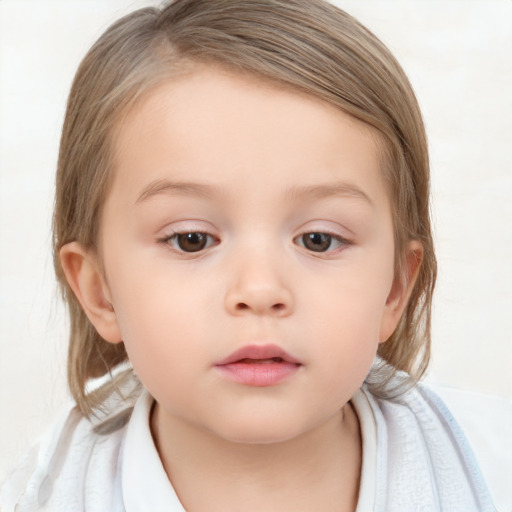 Neutral white child female with medium  brown hair and blue eyes