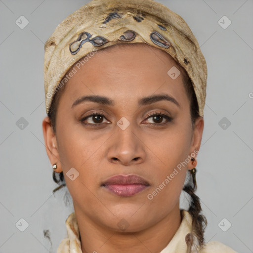 Joyful latino young-adult female with short  brown hair and brown eyes