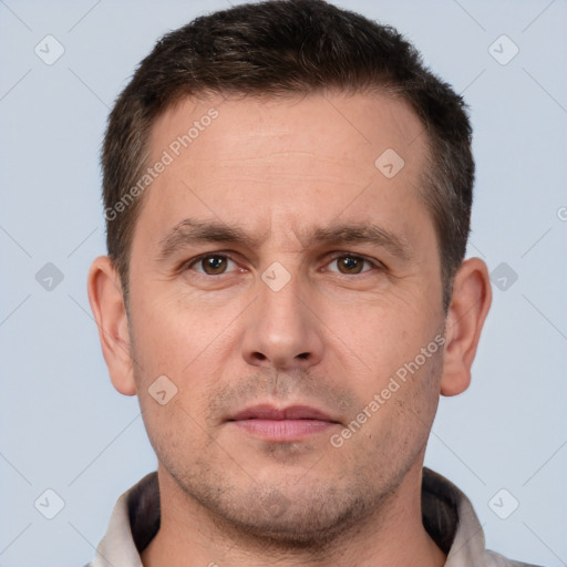 Neutral white adult male with short  brown hair and brown eyes