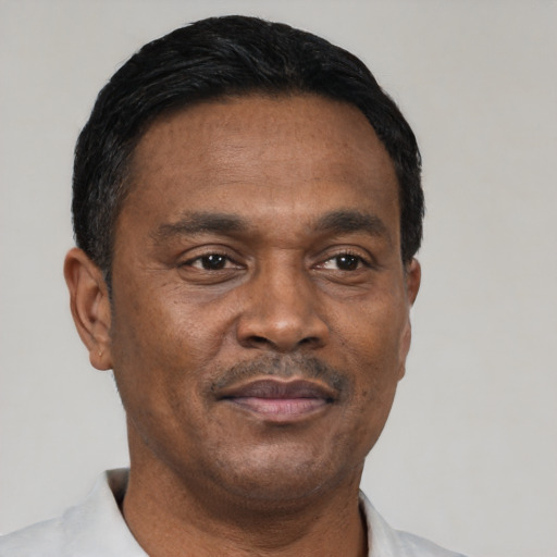 Neutral black adult male with short  black hair and brown eyes