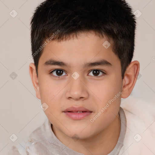 Joyful white child male with short  brown hair and brown eyes