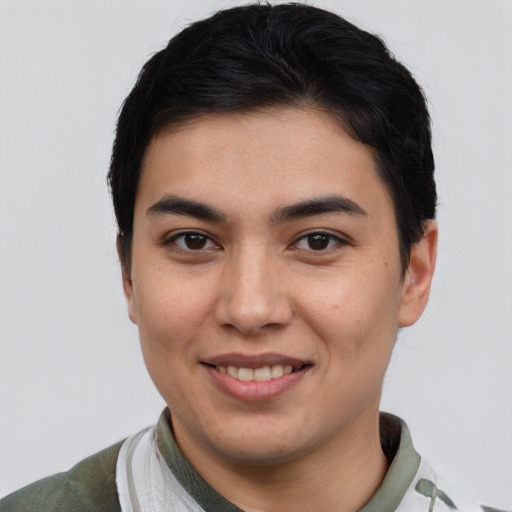 Joyful asian young-adult male with short  brown hair and brown eyes