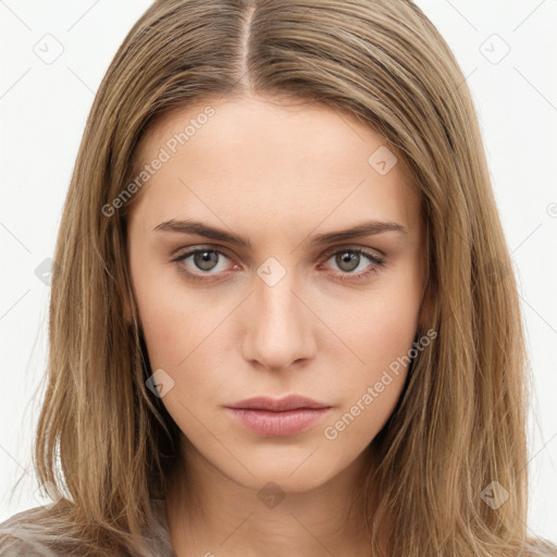 Neutral white young-adult female with long  brown hair and brown eyes