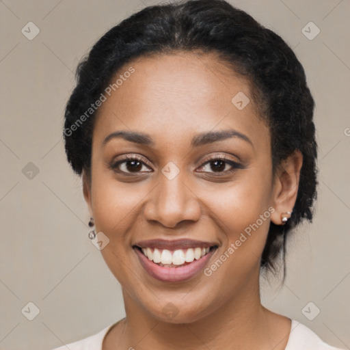 Joyful latino young-adult female with short  black hair and brown eyes