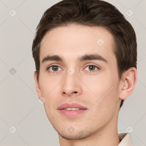 Neutral white young-adult male with short  brown hair and brown eyes