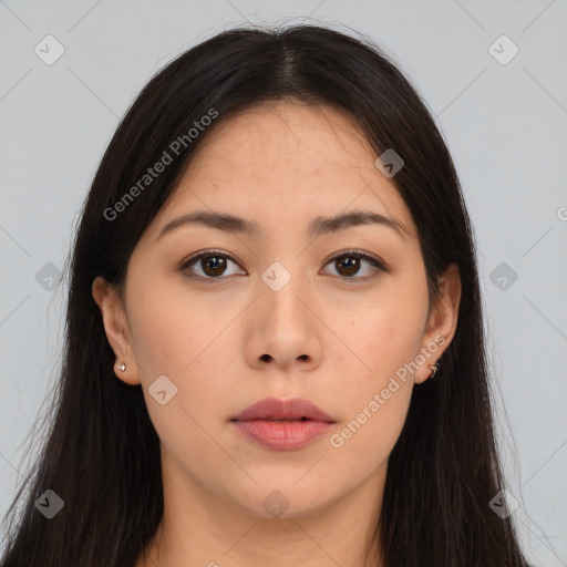 Neutral asian young-adult female with long  brown hair and brown eyes