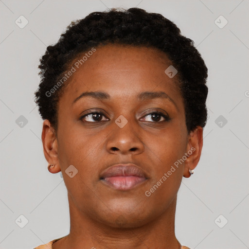 Neutral black young-adult female with short  brown hair and brown eyes