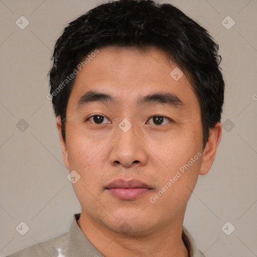 Neutral asian young-adult male with short  black hair and brown eyes