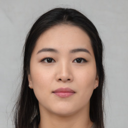 Neutral asian young-adult female with long  brown hair and brown eyes