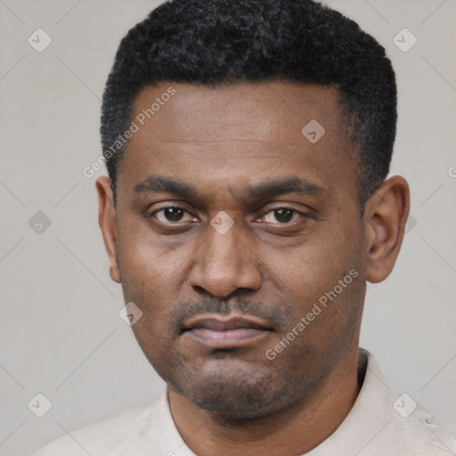 Neutral latino young-adult male with short  black hair and brown eyes