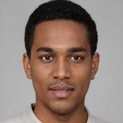 Neutral black young-adult male with short  black hair and brown eyes