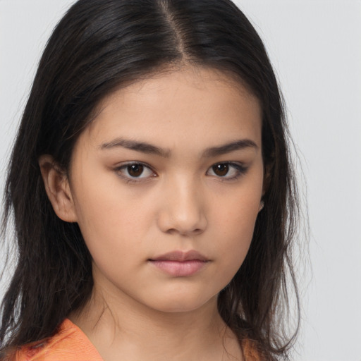 Neutral asian young-adult female with long  brown hair and brown eyes