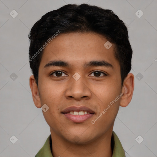 Joyful latino young-adult male with short  brown hair and brown eyes