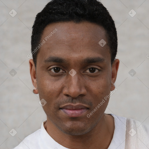 Neutral black young-adult male with short  black hair and brown eyes