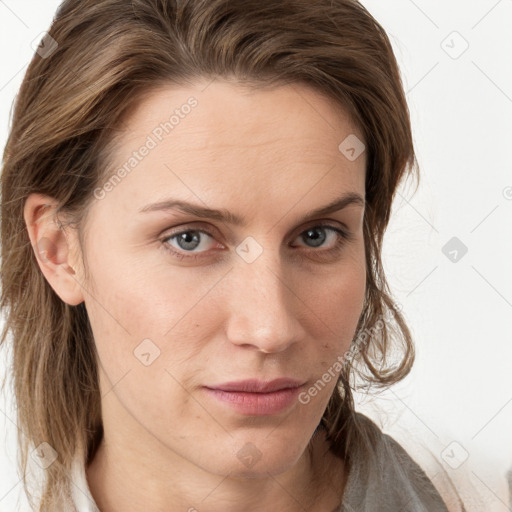 Neutral white young-adult female with medium  brown hair and grey eyes