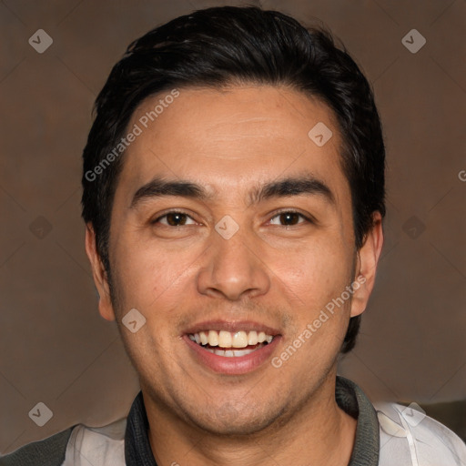 Joyful white young-adult male with short  black hair and brown eyes