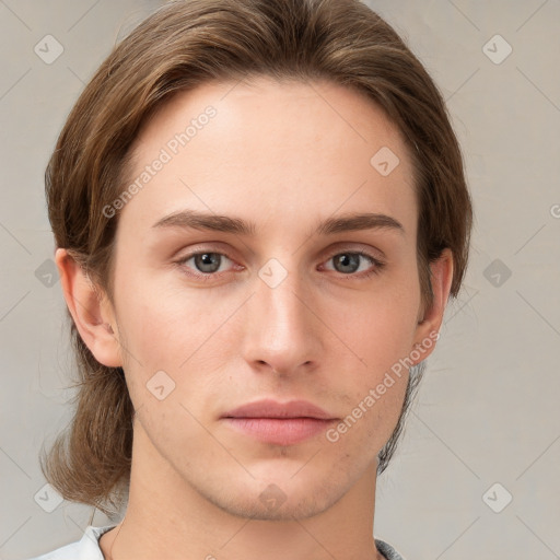 Neutral white young-adult female with medium  brown hair and grey eyes