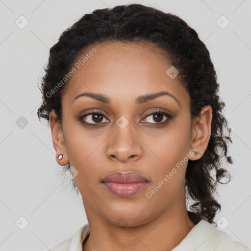 Neutral latino young-adult female with short  black hair and brown eyes