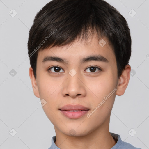 Neutral asian young-adult male with short  black hair and brown eyes