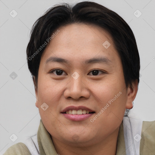 Joyful asian adult female with short  brown hair and brown eyes