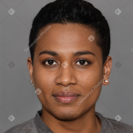 Joyful black young-adult female with short  black hair and brown eyes