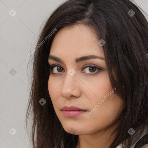 Neutral white young-adult female with long  brown hair and brown eyes