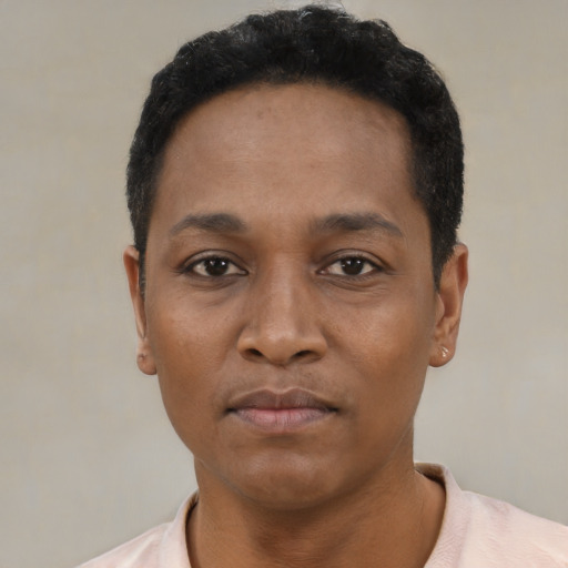 Neutral black young-adult female with short  black hair and brown eyes