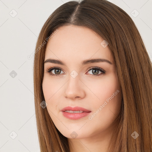 Neutral white young-adult female with long  brown hair and brown eyes