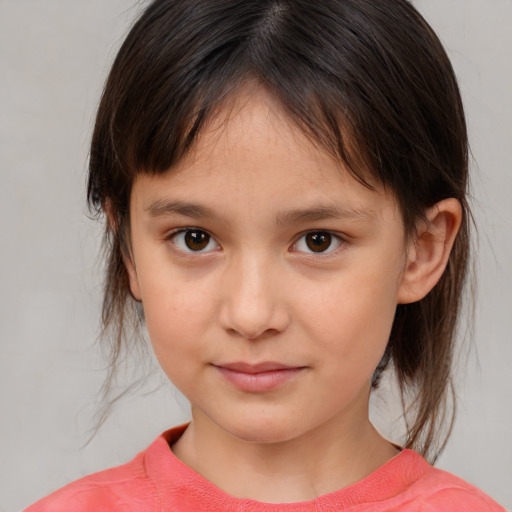 Joyful white child female with medium  brown hair and brown eyes