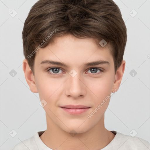 Joyful white child male with short  brown hair and brown eyes