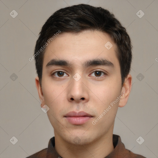 Neutral white young-adult male with short  brown hair and brown eyes