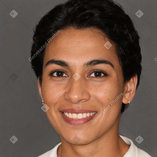 Joyful white young-adult female with short  brown hair and brown eyes