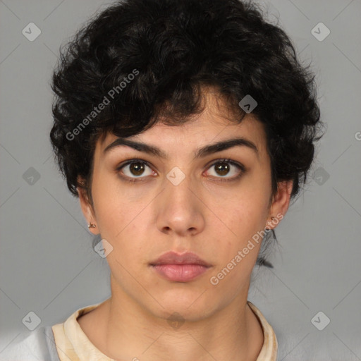 Neutral white young-adult female with medium  brown hair and brown eyes