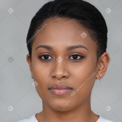 Neutral black young-adult female with short  black hair and brown eyes